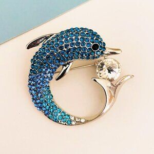 Playful Blue Crystal Dolphin Brooch Pin